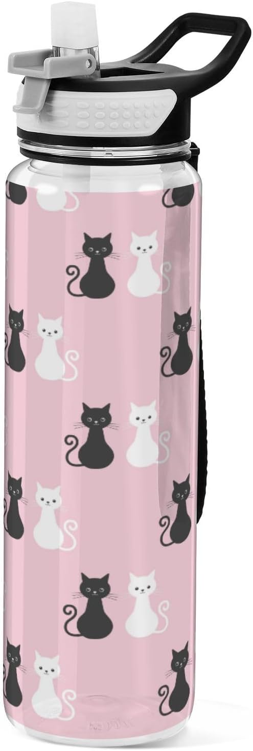 Black White Cat Water Bottle with Straw colorful Sports Bottles BPA-Free Tritan Water Jug with Carrying Strap for Women Men Gym