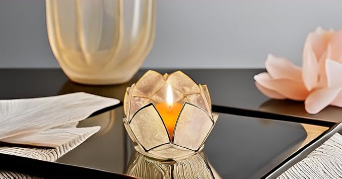 Blooming Lotus Capiz Shell Tealight Candle Holder, Handcrafted Decorative Tea Light Candleholder with Translucent Flower Petals for Ambient Illumination and Natural Elegance, Natural