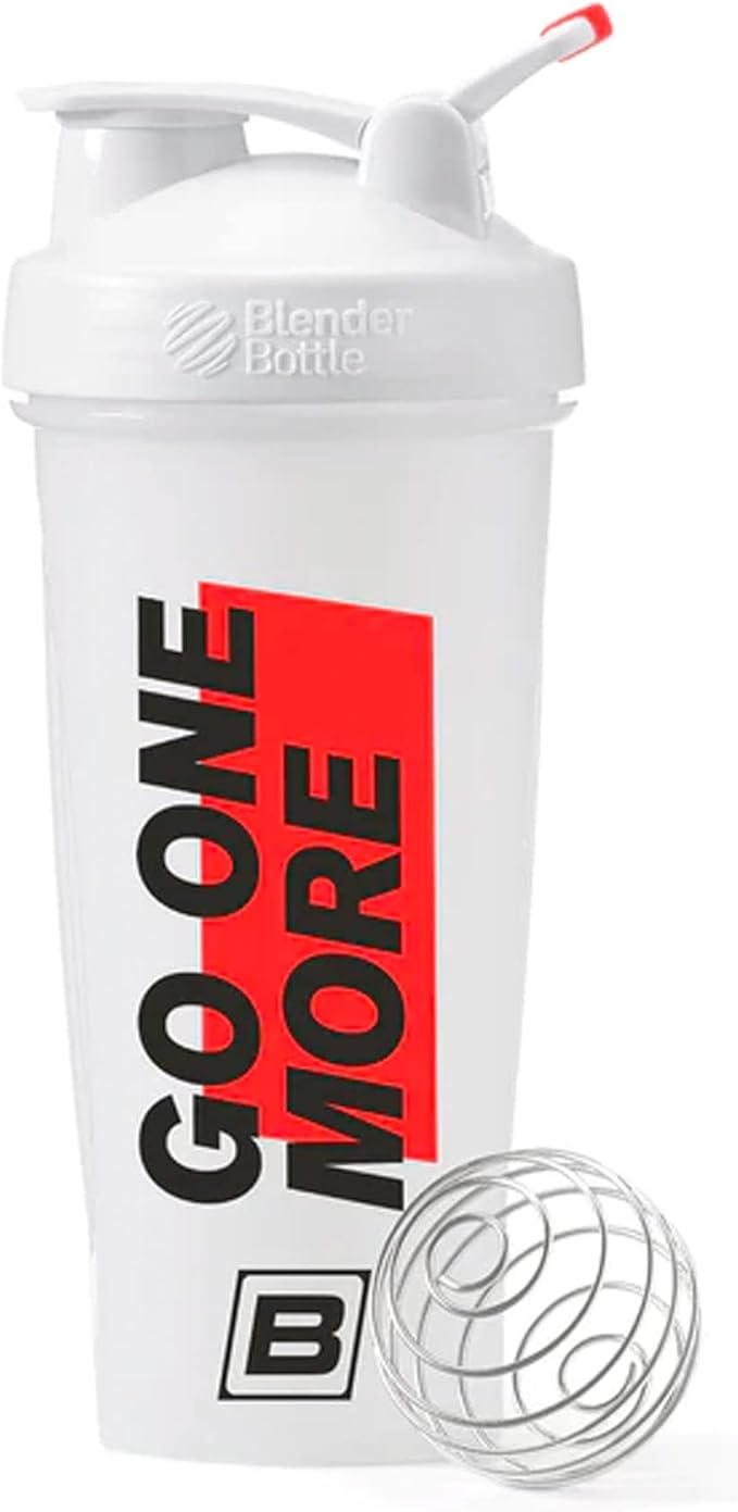 BARE PERFORMANCE NUTRITION Go One More BlenderBottle Shaker Bottle, 28 oz Shaker Bottle with Wire Whisk, White