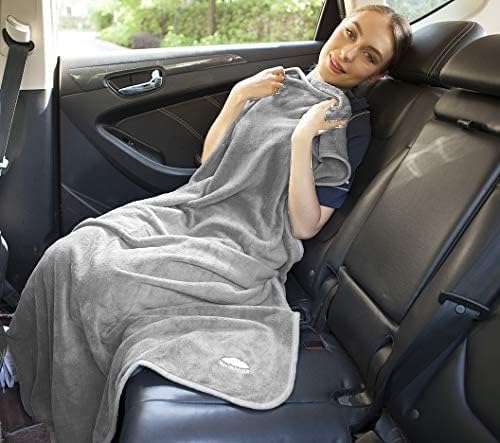 BlueHills Premium Soft Travel Blanket Pillow Airplane Flight Blanket Throw in Soft Bag Pillow case with Luggage Belt & Backpack Clip Compact Pack Large Blanket - Light Gray T024