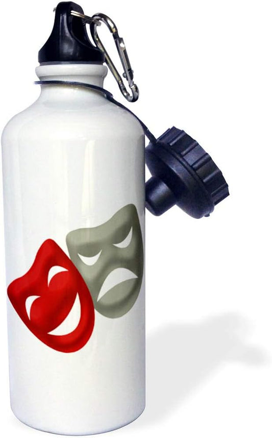 3dRose One Gray Drama Mask and One Red Drama Mask Sports Water Bottle, 21 oz, White