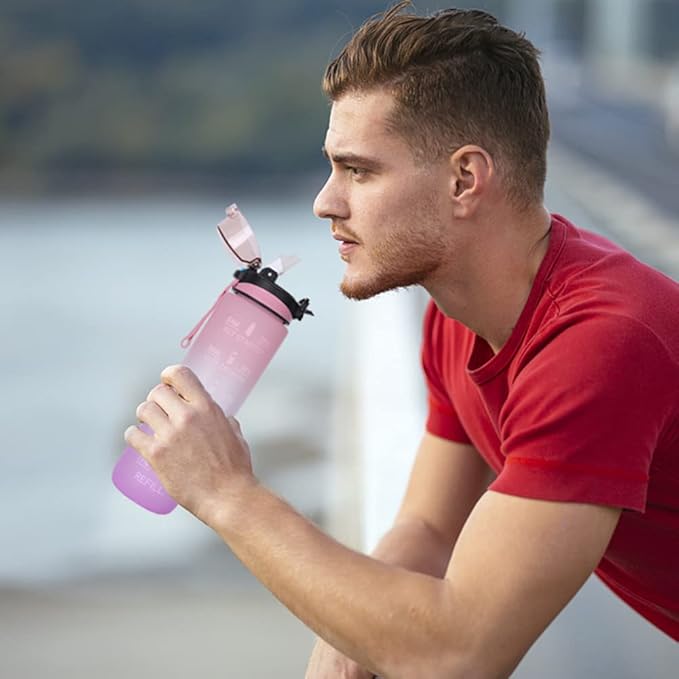 32oz Sport Water Bottle with Time Maker &Straw &Carry Strap & Security Lock Tritan BPA-Free Leak Proof Flip Top Lid Gym School Outdoor Sports Pink-Purple