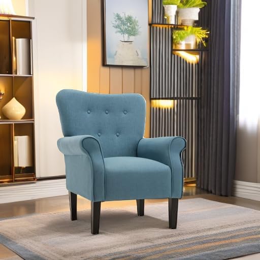 BELLEZE Modern Accent Chair, High Back Armchair, Upholstered Wingback Side Chair, Padded Single Sofa with Wooden Legs for Living Room, Bedroom - Baby Blue