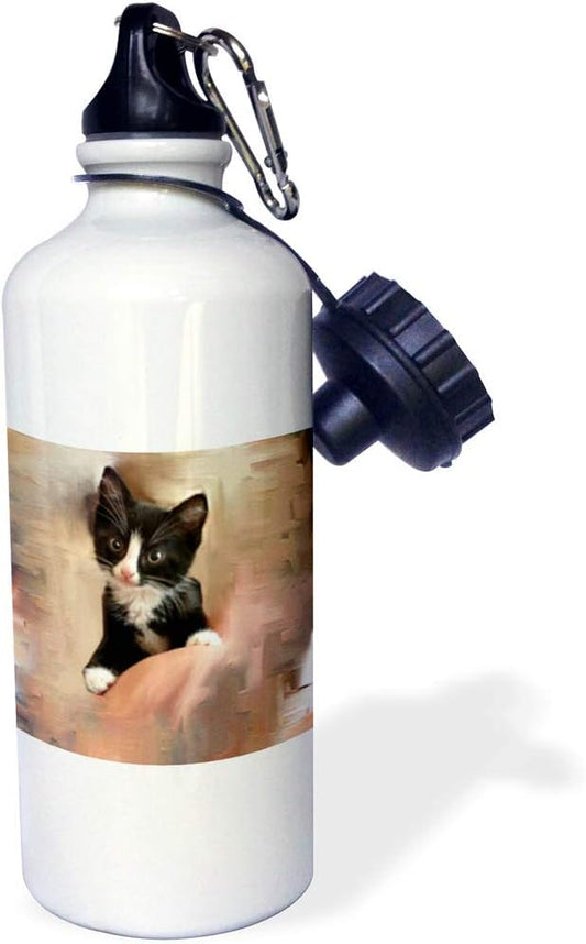 3dRose Tuxedo Kitten Sports Water Bottle, 21 oz, White