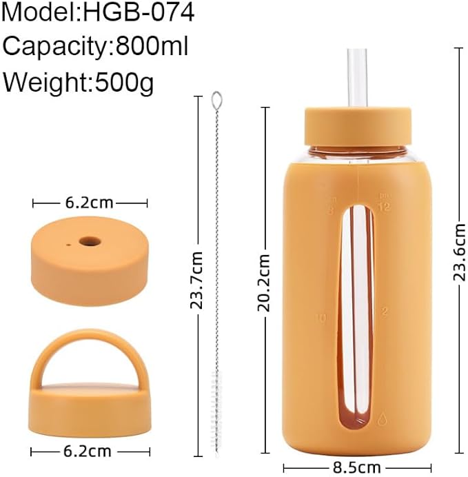 27 Oz Hydration Bottle,Minimalist Glass Water Bottle With Silicone Sleeve,Wide Mouth Opening With 2 Lids,Train Straws,Gift for Kids/Adults,Sport Glass Water Bottle for Gym/Yoga/Outdoor (Yellow, 27 oz)