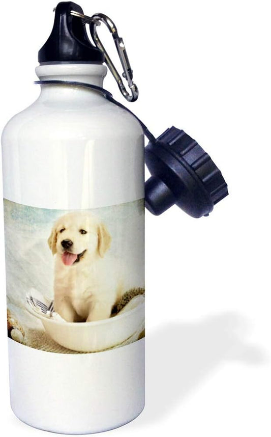 3dRose Cute Golden Retriever Puppy Spa Day Art Photo Courtesy Sports Water Bottle, 21Oz, Multicolored