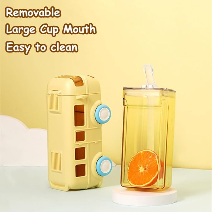 Bus Water Bottle Car Straw Water Cup 17oz Portable Bus Shaped Water Bottle with Strap Cute Drinking Jug with Wheels Leakproof for School, 0P030653O111, Yellow