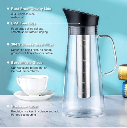 Alkaline Water Filter Pitcher with Infuser, Glass Pitcher with Lid 1.5L | 9.5 pH Alkaline Filters | Tea Pitcher | Borosilicate Glass | Infuser Pitcher (3 Pack Box (30g Filters))