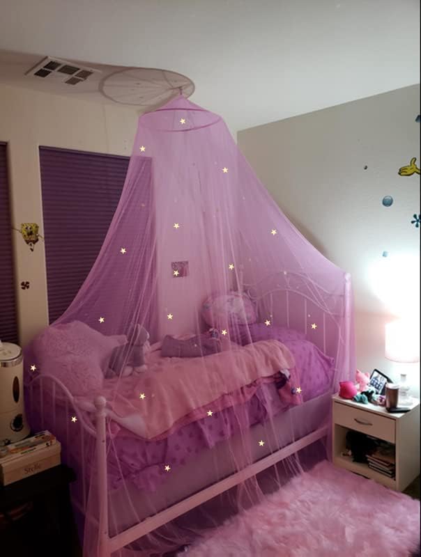 Bed Canopy for Girls, Glowing Stars Bed Curtain Draperies Romantic Mosquito Net for Baby, Kids, Adult (Purple)