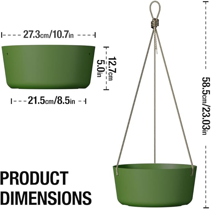 10.7 Inch Hanging Planter for Outdoor Indoor Plants，2 Pack Hanging Flower Pots with Drain Holes for Garden Home Decor Use (Dark Green)