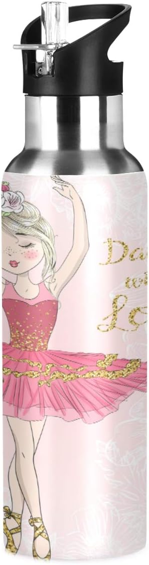 Blueangle Lovely Ballerina Girl Sports Water Bottle, 22 Oz BPA Free Non-Toxic Stainless Steel Water Bottle with Straw for Gym Yoga Fitness Camping