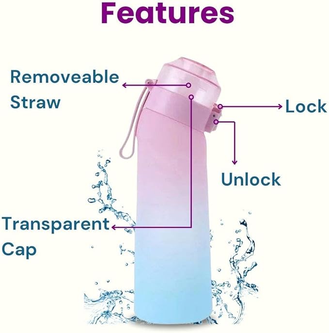 650ml Air Water Bottle with 7 Flavour Pods | BPA Free, Scented, 0 Sugar, 0 Calorie, Sports Water Bottles | Drinking Fruit Fragrance Cup for Fitness, Outdoor, Gym | Starter set (Pink Blue)