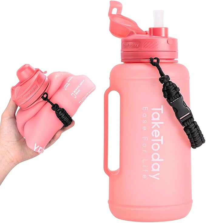 68 oz Collapsible Water Bottles With Straw, Half Gallon Water Bottle With Motivational Time Marker, Large Reusable Silicone Water Jug With Paracord Handle For Sports, Outdoors (Pink)
