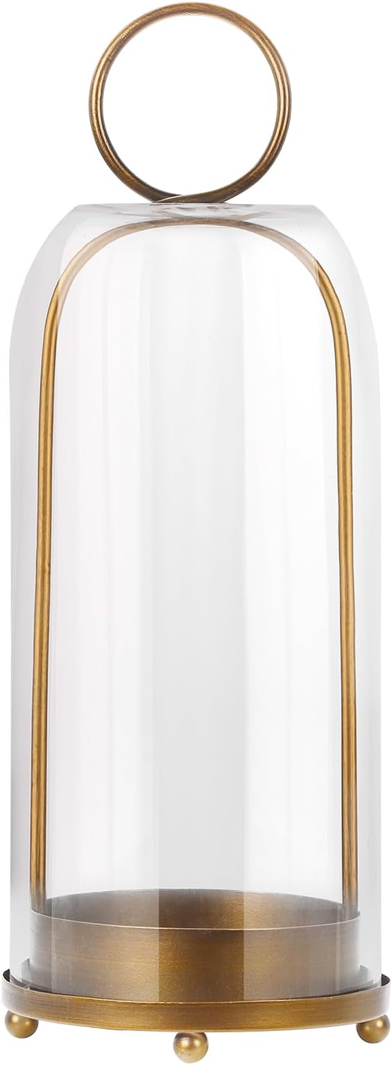 16" High Versatile Modern Metal Hurricane Lantern with Handmade Sturdy Glass Dome for Pillar Candle & Plants (Brass, 6.3"x16.5")