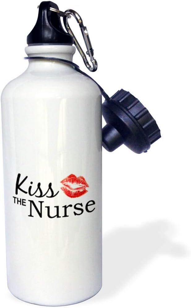 3dRose "Kiss the Nurse-Humorous funny Nurses day gifts-flirty red lipstick mark kisses-cheeky fun" Sports Water Bottle, 21 oz, White