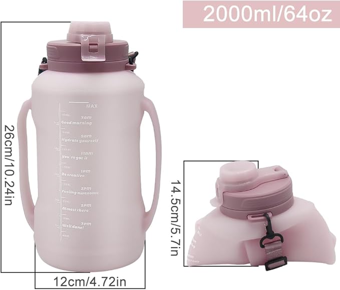 64oz Foldable Silicone Water Cups with Straw, BPA Free, for Outdoor Sports Water Bottle (Pink)
