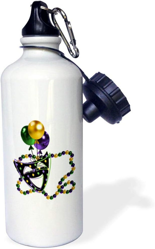 3dRose Mardi Gras Mask and Beads-Sports Water Bottle, 21 oz, White