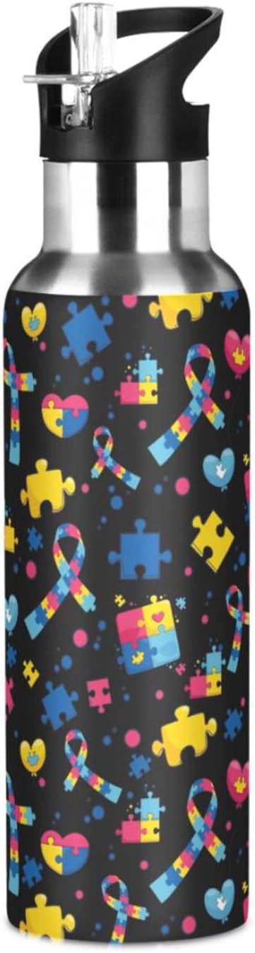 Autism Stainless Steel Water Bottle with Straw Lid - 20 Oz Sports Insulated Water Bottle Thermos for Sport Gym Outdoor Travel School (07-B14)
