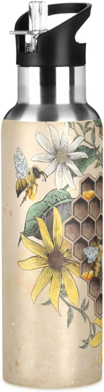 ALAZA Honey Bee Retro Floral Water Bottle With Straw Lids Boys Girls,Vacuum Insulated Leakproof Stainless-Steel Sports Bottle Thermal Flask For Gym Yoga Camping,34Oz (1000Ml)