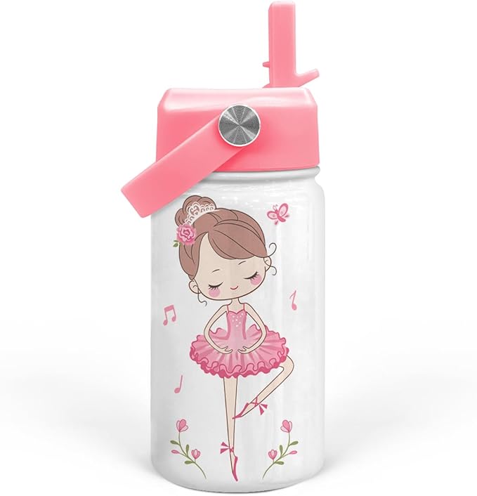 Ballet Water Bottle - Kids Water Bottle with Straw Lid - 12 Oz Insulated Stainless Steel Water Bottles for Toddlers Kid Girls - Travel Cup for School Sports