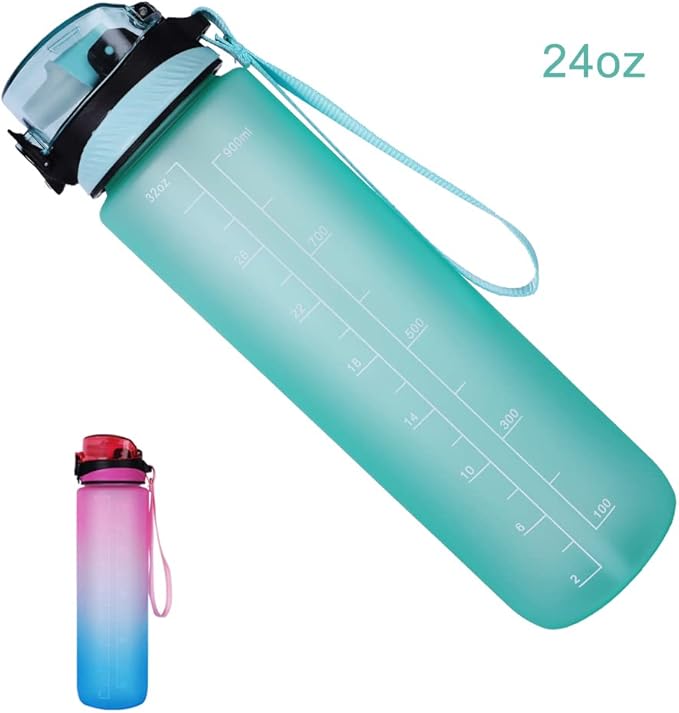 24oz Sport Water Bottle with Time Maker &Straw &Carry Strap & Security Lock Tritan BPA-Free Leak Proof Flip Top Lid Gym School Outdoor Sports Green