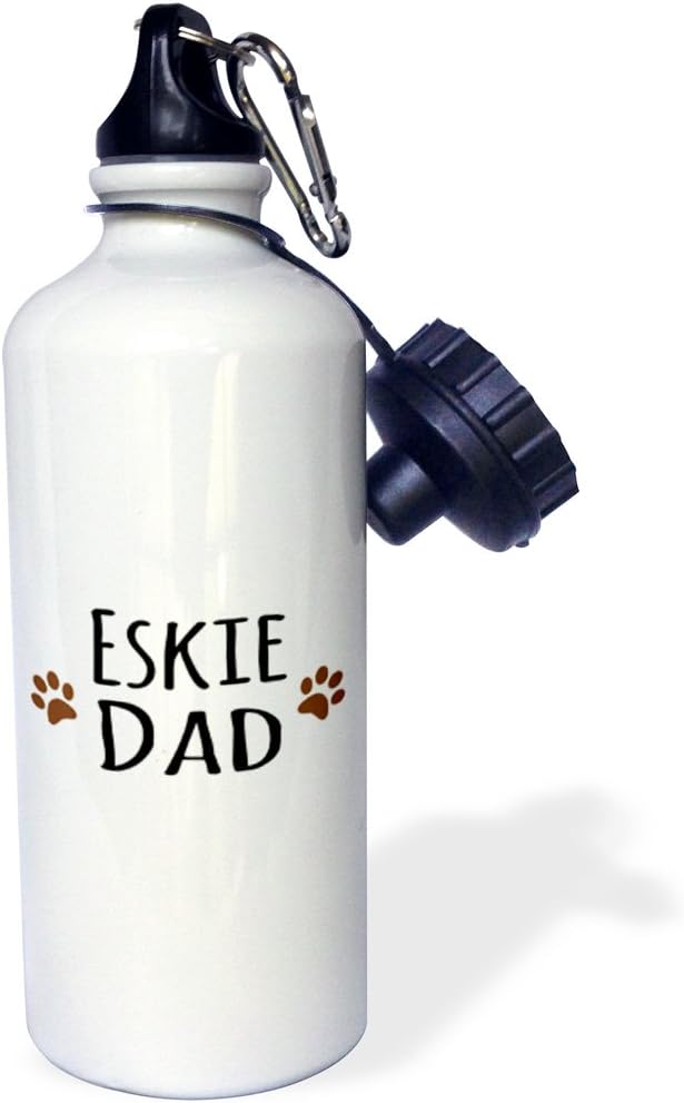 3dRose "Eskie Dad-American Eskimo Dog breed pet owner-brown paw prints-doggie daddy doggy love-lovers" Sports Water Bottle, 21 oz, White