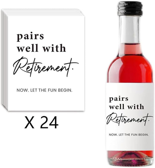 24 Pcs Retirement Mini Wine Labels, Retirement Gifts for Women Men, Happy Retirement Mini Wine Wine Bottle Stickers Gifts for Coworker Grandparents, Pairs Well with Retirement Mini Wine Labels