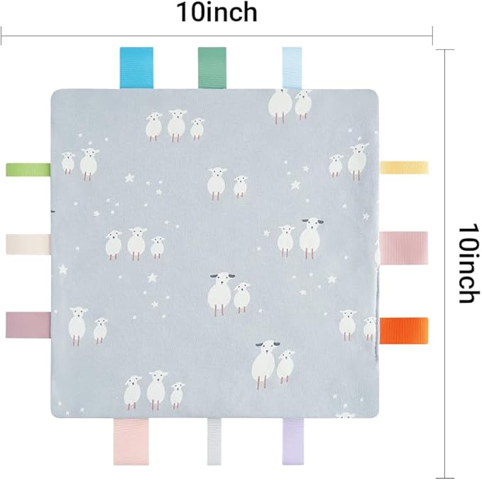 Baby Tags Security Blanket, Sensory Soothing Blanket with Tags,Dotted Backing Taggies Blanket for 3-12 Months Boys and Girls. (Sheep)
