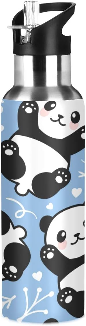 22 OZ Cute Cartoon Panda Water Bottle with Straw - BPA Free Leakproof Stainless Steel Water Bottle for Women Men Water Jug for Fitness Gym Outdoor Sport
