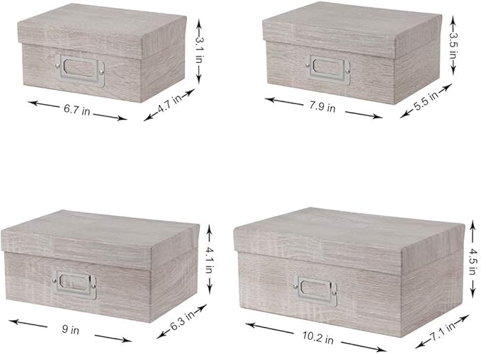 Briful Photo Boxes with Lids - 4 in 1 Set Waterproof Storage Boxes with Handles - Decorative Multiple Size Storage Bins for Clothes/Shoes/Office/Cosmetic/Books