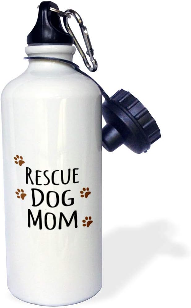 3dRose "Rescue Dog Mom-Doggie by breed-muddy brown paw prints-doggy lover-proud pet owner mama love" Sports Water Bottle, 21 oz, White