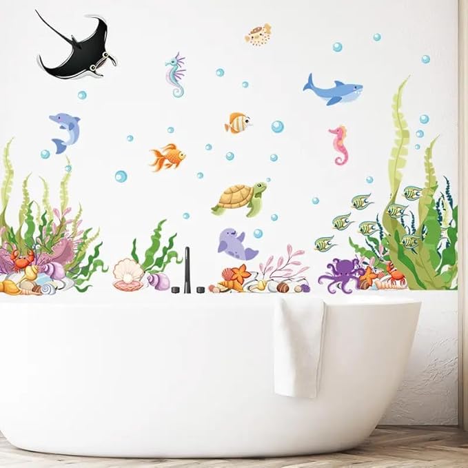 2 Sheets of 12x36 Inch Spring Summer Window Cling Sticker Fish, Plants, Aquatic Theme Window Stickers, Spring and Summer Decor, Home, Shop, Party Window, Glass, Wall Display Stickers (Aquatic Theme)