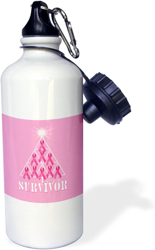 3dRose Breast Cancer Pink Ribbon Christmas Tree Survivor-Sports Water Bottle, 21oz , 21 oz, Multicolor