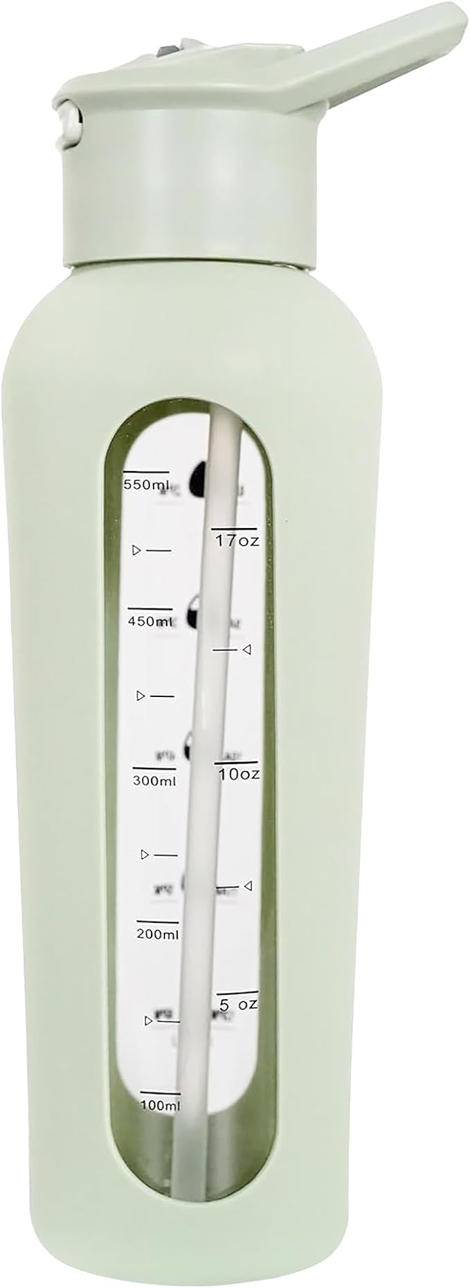 24oz Glass Motivational Water Bottle with Flip Lid Straw, Silicone Protective Sleeve, Handle, Reusable BPA Free (Sage Green)
