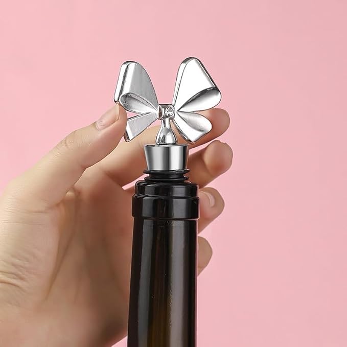 Bowknot Christmas Wine Bottle Stoppers, Holiday Decor - zinc alloy Decorative Wine Stoppers - Wine Gift for Hostess - Cute Wine and Beverage Corker Bottle Sealers (6 pcs)