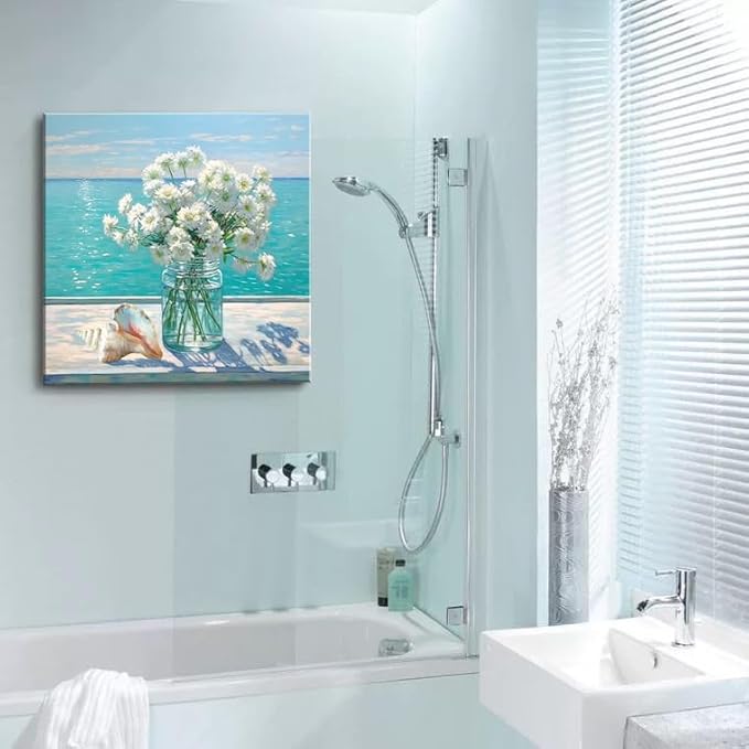 Bathroom Decor Ocean Daisy Flower Canvas Wall Art Coastal Nautical Seashell Seascape Framed Picture Ocean Theme Seascape Painting Artwork for Bedroom Home Decoration Square Blue 14x14"