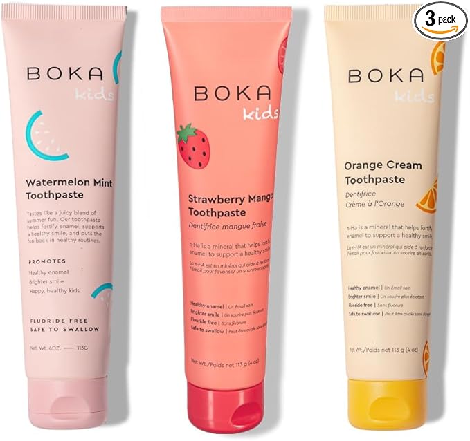 Boka Fluoride Free Toothpaste Nano Hydroxyapatite Toothpaste - Orange Cream, Watermelon Mint, Strawberry Mango Flavor, 4 oz 3Pk US Manufactured