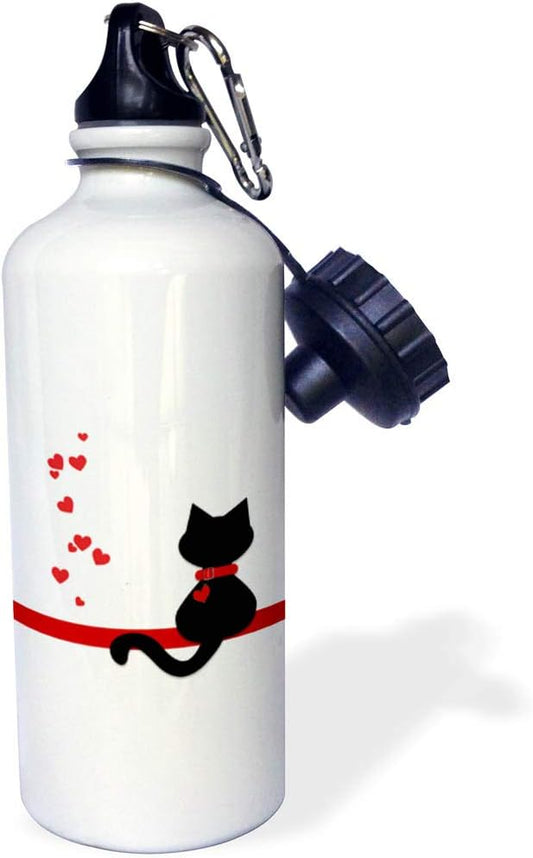 3dRose "Pet Lovers Red Hearts Black Kitty Cat" Sports Water Bottle, 21 oz, White