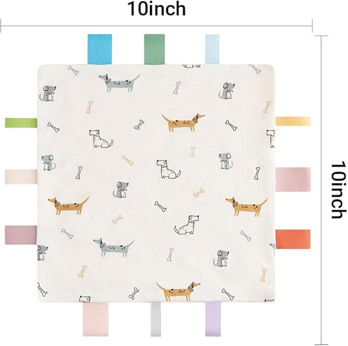 Baby Tags Security Blanket, Sensory Soothing Blanket with Tags,Dotted Backing Taggies Blanket for 3-12 Months Boys and Girls. (Dogs)