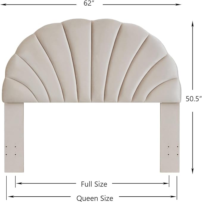 24KF Stunning Crown Design Queen Headboard, Upholstered Soft Velvet Petal Pattern Headboard Queen/Full-Beige