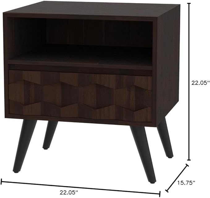 Bme Georgina Solid Wood Nightstand With 1 Drawer & Open Shelf- Fully Assembled Mid Century Modern Side Table - Geometric Pattern Bedside Dresser for Bedroom and Living Room