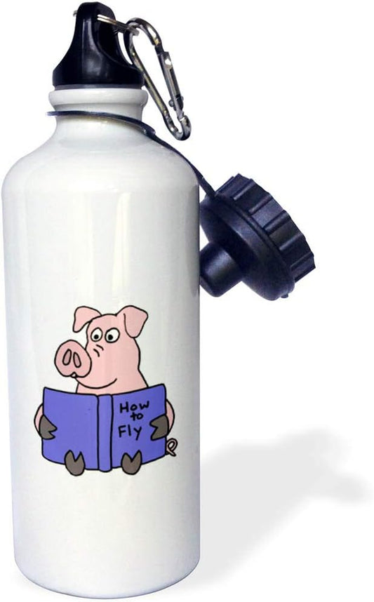 3dRose Funny Pig Reading How to Fly Book Sports Water Bottle, 21 oz, Multicolored