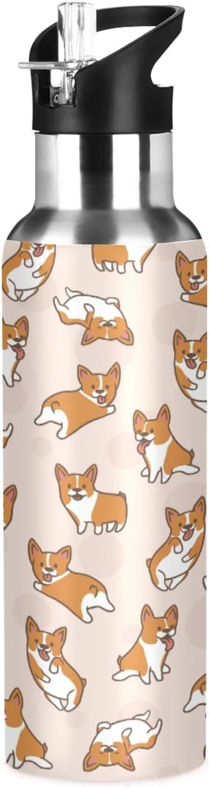 Blueangle 22 OZ Cartoon Corgis Pattern Water Bottle with Straw, Sports Water Bottle BPA Free Stainless Steel Water Jugs for Gym, Kitchen, Working, Outdoor