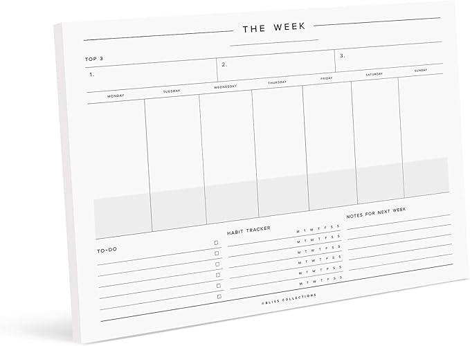 Bliss Collections Weekly Planning Pad, To Do List Notebook - Undated Tear-Off Sheets Notepad - Work Calendar, Organizer, Scheduler for Goals, Tasks - Minimalist, 8.5" x 11", 50 Sheets