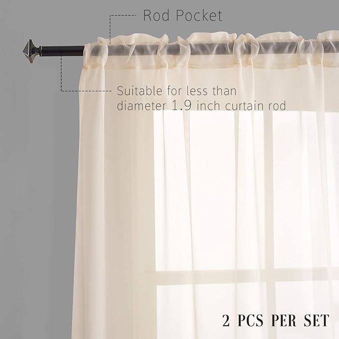 Beige Sheer Voile Curtains Translucent Solid Color Window Treatment 45 Inches long Panels Rod Pocket Beige Drapes for Bedroom Living Room kitchen 2 Panels 52x45