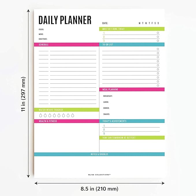 Bliss Collections Daily Planning Pad, To Do List Notebook - Undated Tear-Off Sheets Notepad - Work Calendar, Organizer, Scheduler for Goals, Tasks - Vibrant, 8.5" x 11", 50 Sheets