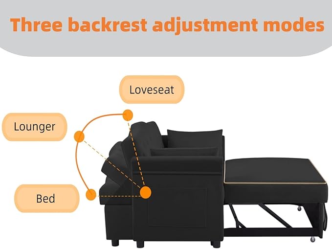 57-Inch Velvet Full Size Sleeper Sofa Couch with Pullout Bed,Convertible Pull Out with Golden Decorative Strip and Adjustable Backrest for Small Spaces,Apartment, Guest Room, RV (Black)