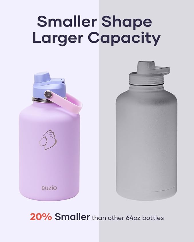 BUZIO 64oz Insulated Water Bottle, Half Gallon Water Jug Stainless Steel with Straw Lid and Carrying Pouch, Keep Cold 48h Lead-Free Double Wall Vacuum Thermo Metal Canteen for Gym Camping, Purple