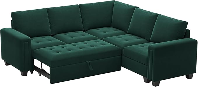 Belffin Modular Sectional Sleeper Sofa with Pull Out Couch Bed Velvet Convertible L Shaped Sectional Couch for Living Room Apartment Green