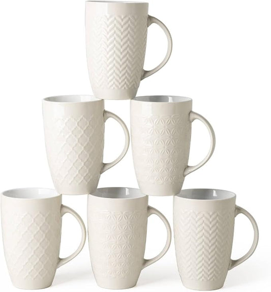 AmorArc Extra Large Coffee Mugs Set of 6, 20oz Ceramic Tall Coffee Mugs Set with Textured Geometric Patterns for Coffee/Tea/Beer/Hot Cocoa, Dishwasher & Microwave Safe,Beige